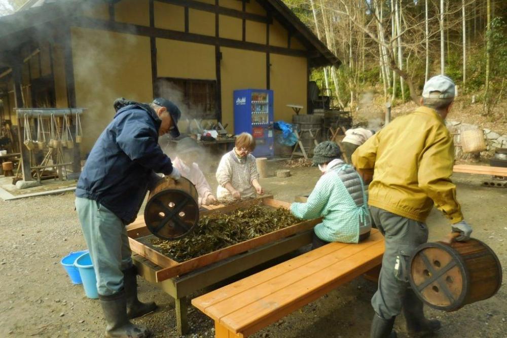 蒸しあがった茶葉は網に広げます