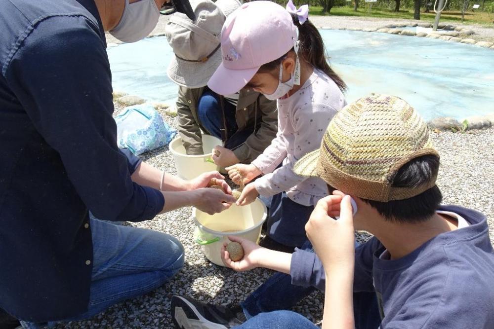 乾いた土をかけて握ります。