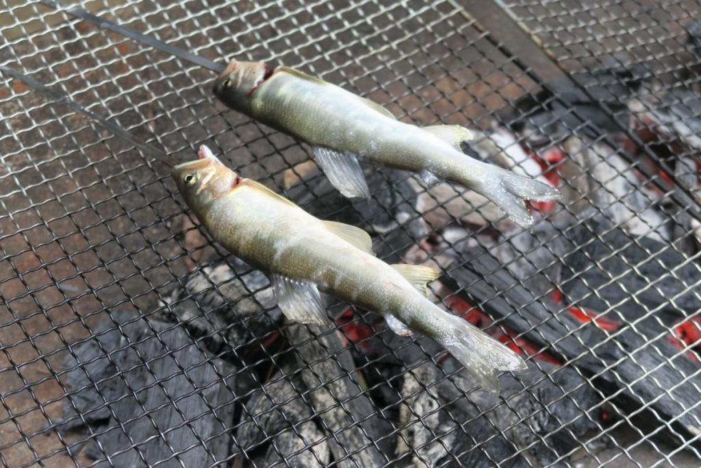 串を網に立てかけて、焼きます