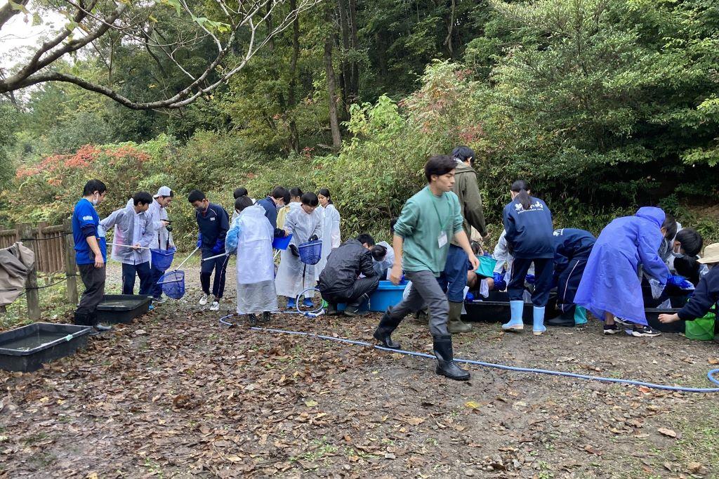 きれいな水を足しながらドロを洗い流します