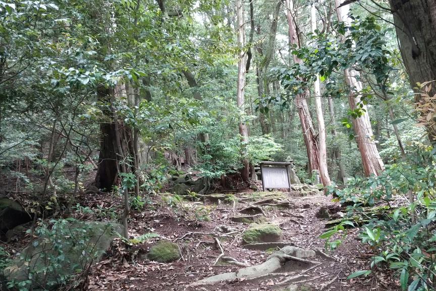 山道を進み木々が鬱蒼と茂った中に史跡の看板を発見