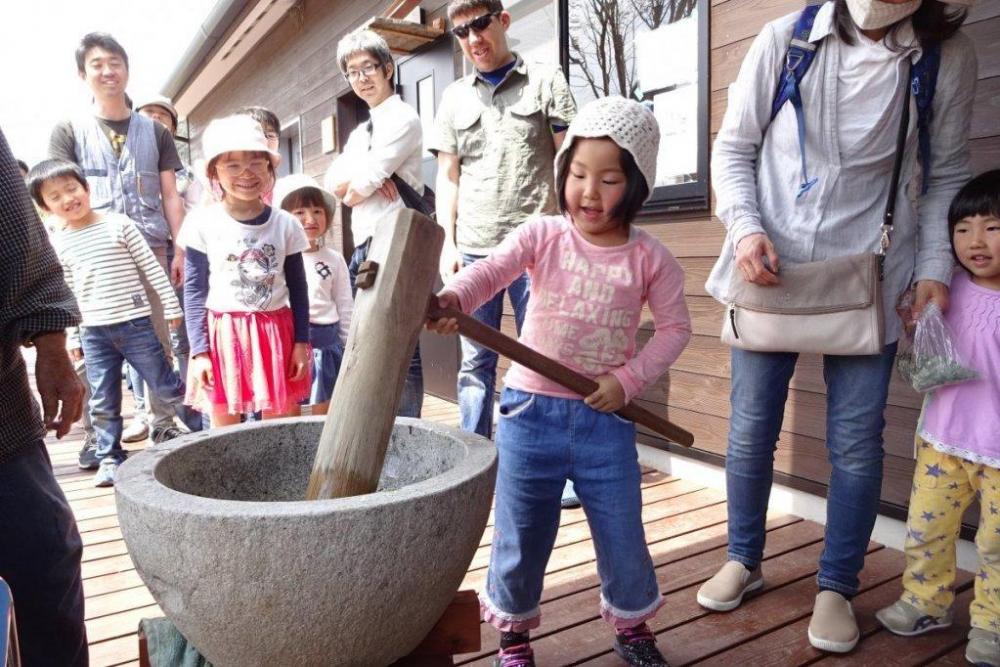 春の風物詩「ヨモギを摘んでおもちつき」（4月）